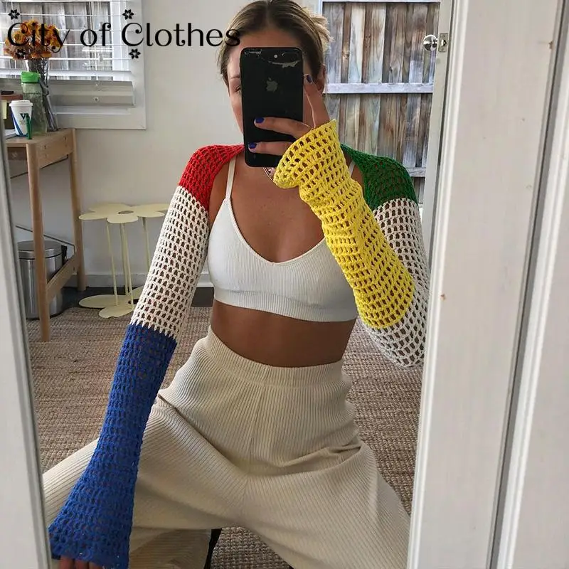 

Summer Patchwork Hollow Out Cardigans Long Sleeve Knit Color Crop Top Women's Autumn Chic Casual Sexy Korean Cropped Tee 2021
