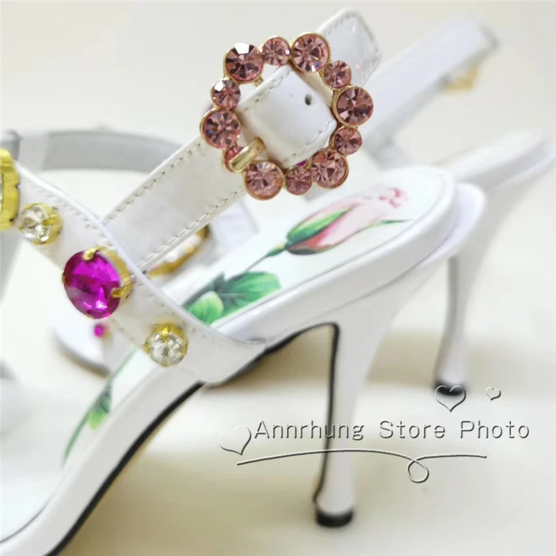 

New Design Summer 2020 Diamond Sandals Women Thin Heel Open Toes Genuine Leather T-strap Printed Flower Wedding Shoes Woman