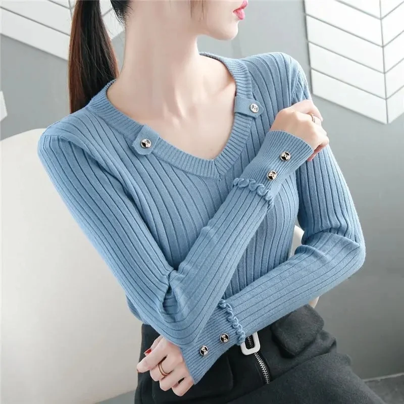 Женский трикотажный свитер с V-образным вырезом на весну/осень | Женская одежда
