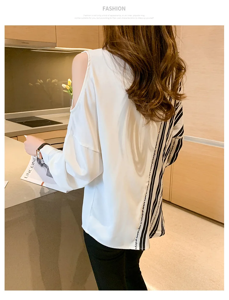 

Houthion New Chiffon Women's Blouses Fashion Shirt Long Sleeve Top Loose Splicing Striped Blouse Summer Buttons Pockets