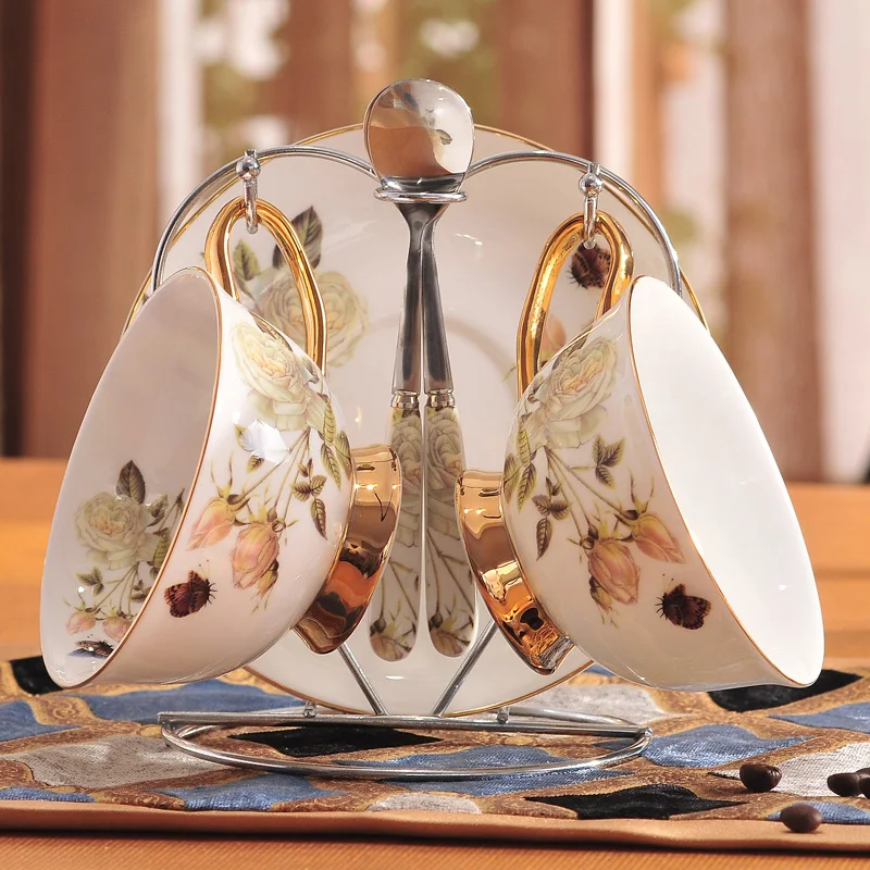 2Cups n Holder Бабочка Роза костяной фарфор чайная чашка блюдце ложка набор 200 мл Европа керамическая кофейная чашка Британский продвинутый фарфор чайная чашка Прямая поставка - Цвет: 2Cups n Holder