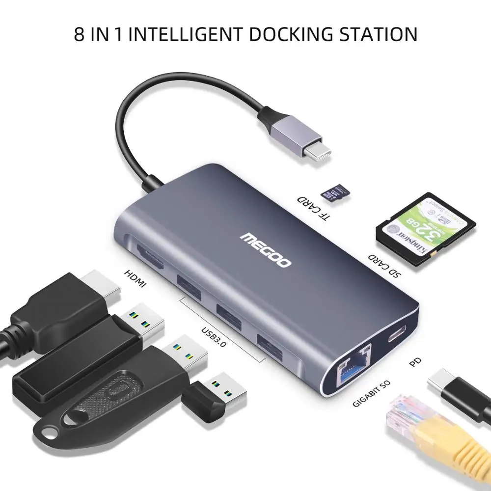 Док станция Megoo 8 в 1 USB C для ноутбука док типа VGA/HDMI/Ethernet/USB3.0/PD зарядки Surface Go/Mac