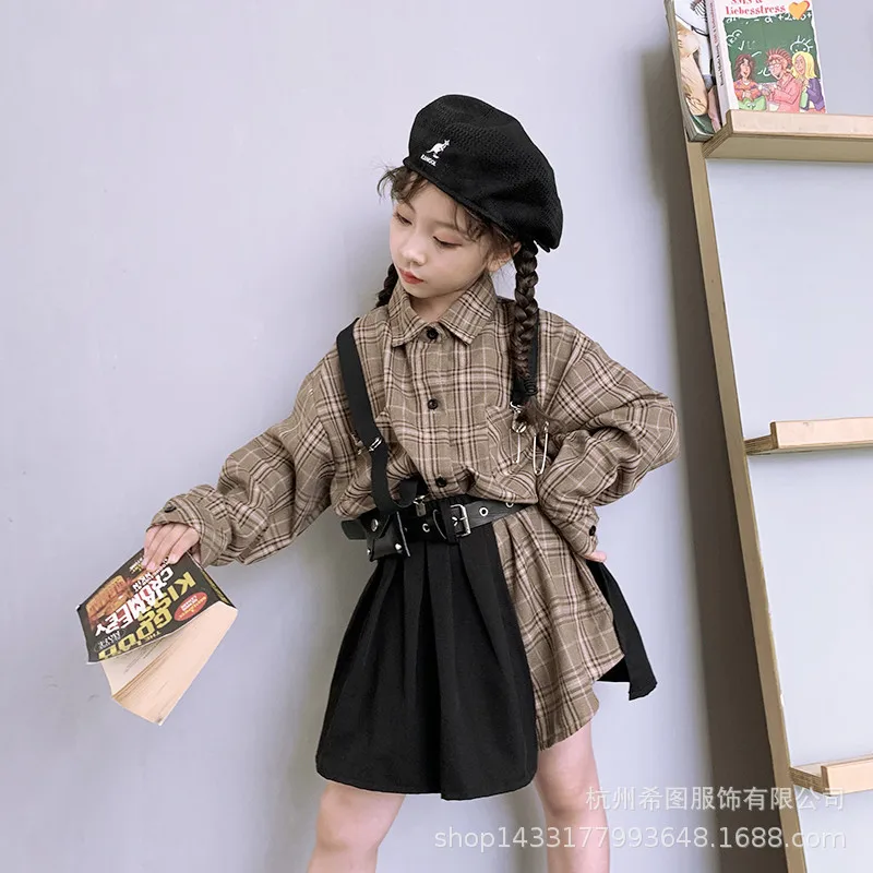 Осень 2020 новый костюм для девочек клетчатая рубашка юбка средней длины из двух