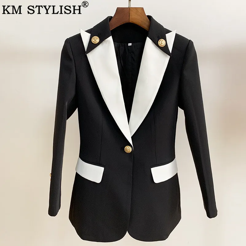

Women's Blazer Jacket Fall/Winter New Women's Suit Jacket Black & White Panel Collar Metal Golden Buttons Blazers