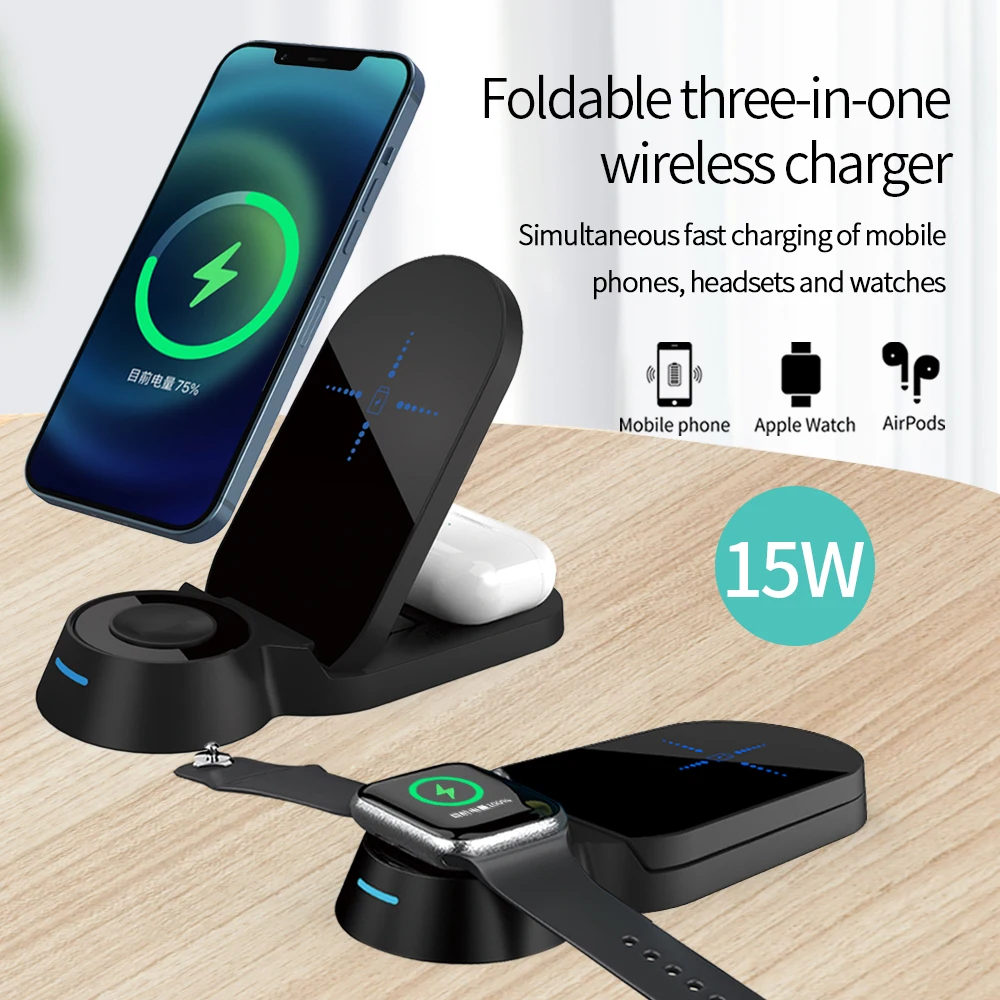 

15W 3 in 1 Wireless Charger Stand For iPhone 14 13 12 11 Pro Samsung Foldable Fast Charging Station Dock For Apple Watch Airpods