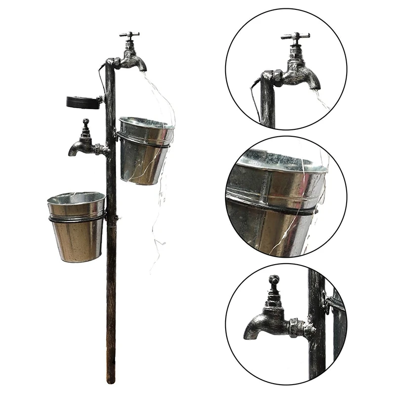 

Solar Faucet Garden Stake with Two Planters, LED Lights Flowing Water Retro Faucet Yard Stake Plant Holder Flower Pots
