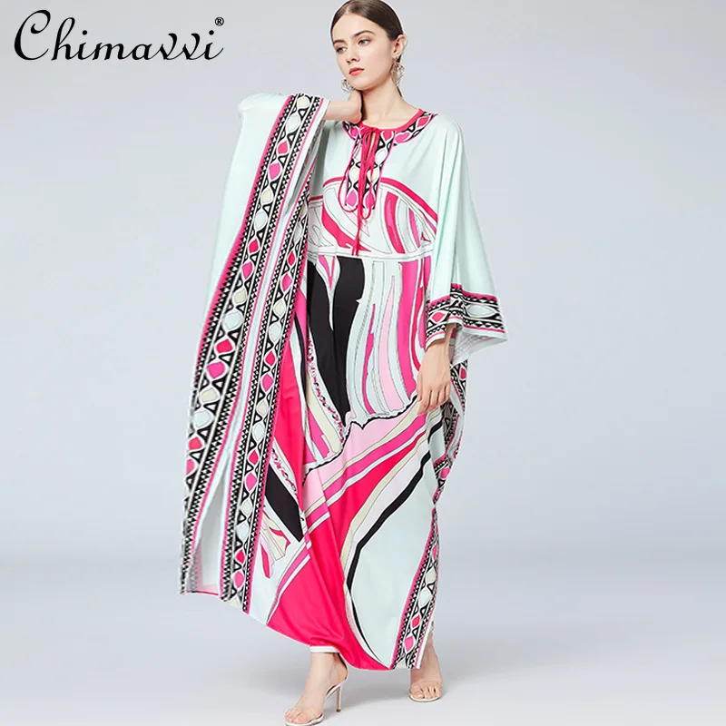 

Fashion Printed maxi Dress women round Neck Tied Batwing Sleeve Loose Large Size Dress Temperament Robe
