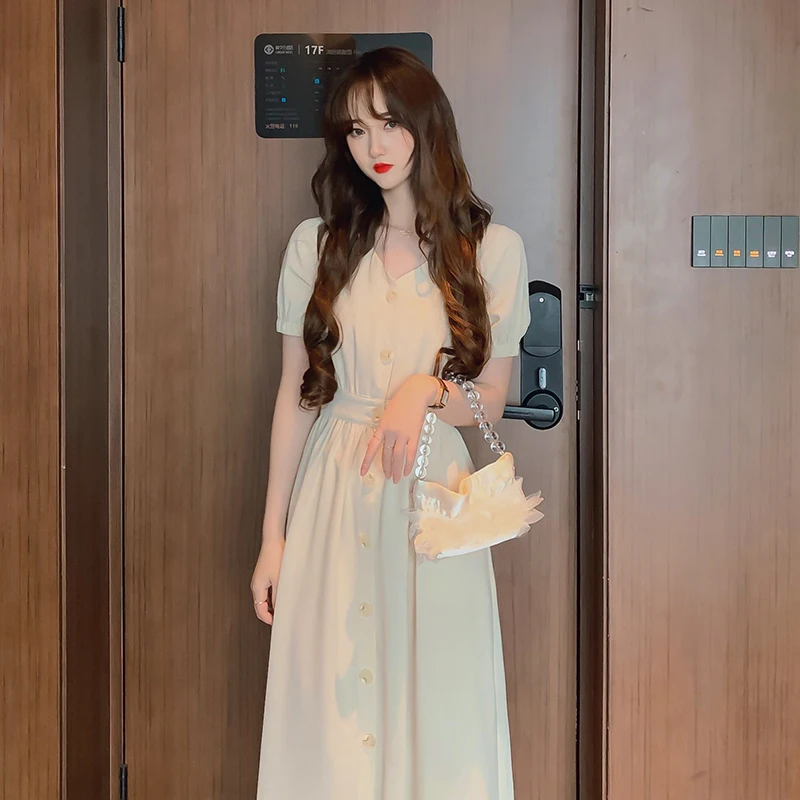 

Summer new French accept waist show thin long age reduction v-neck temperament short-sleeved dress dress long skirt