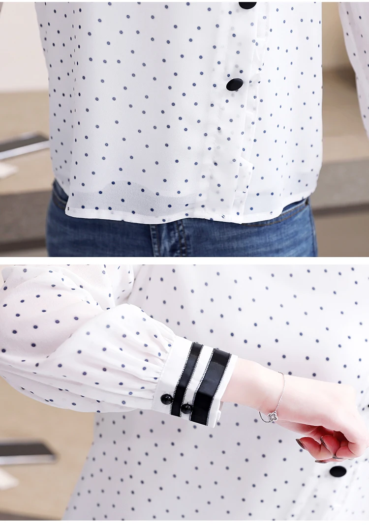 

Fashion Stand White Tops Elegant Office Lady Blouse Casual Long Sleeve Polka Dot Chiffon Blouse Women Blusas 8220 50
