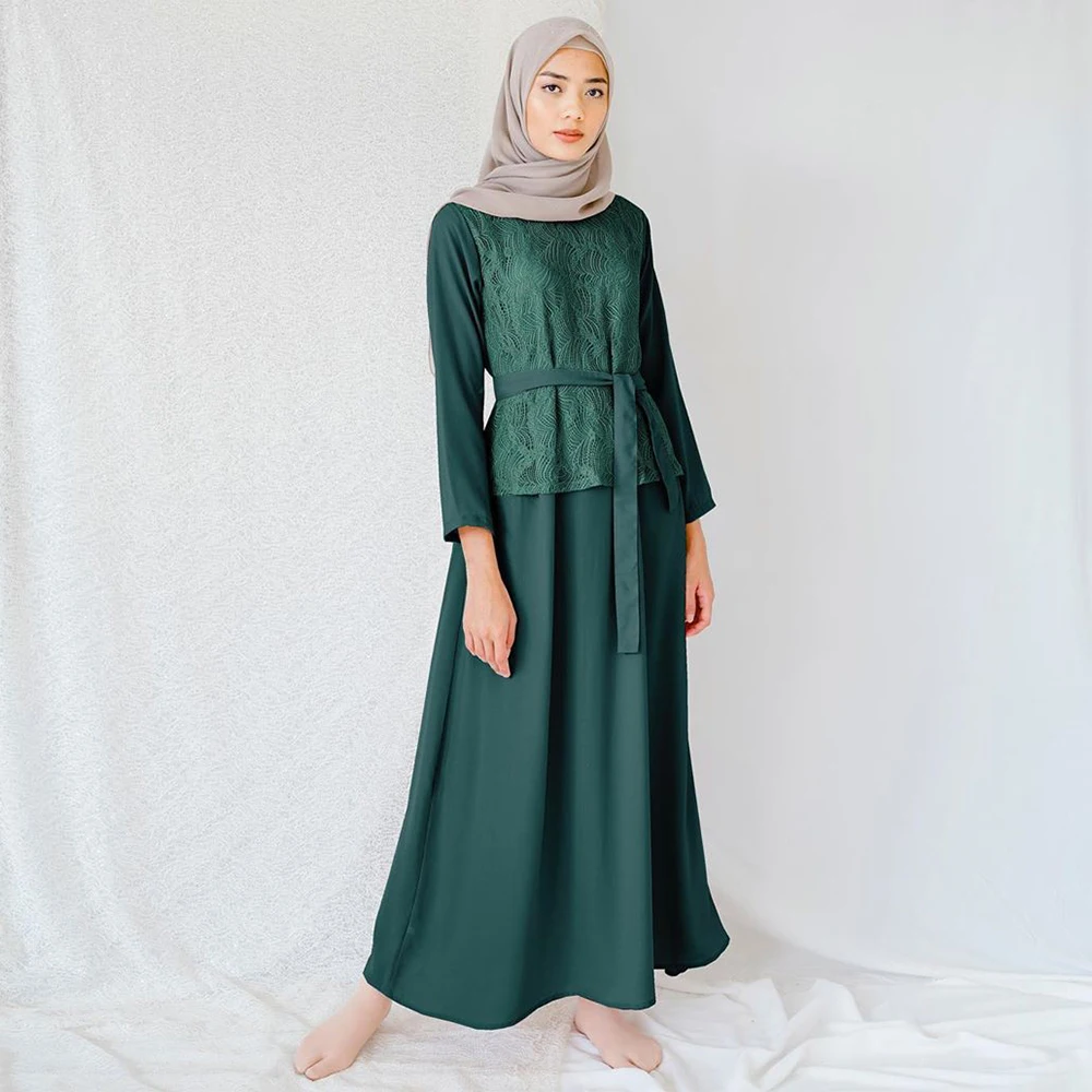 Кружева Siskakia, однотонные зеленые, мусульманские, 2020, платье средней длины в стиле пэчворк, арабские, турецкие, платья Хиджаб, с поясом, для ос...