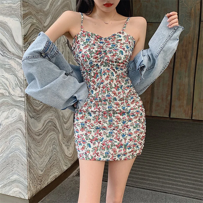 

New Casual Floral Print Sling Mini Dress Women Holiday sexy V-neck Dress Summer party Backless Ladies thin Dresses