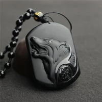 drop shipping natural black obsidian carving wolf head amulet pendant necklace obsidian blessing lucky pendants fashion jewelry