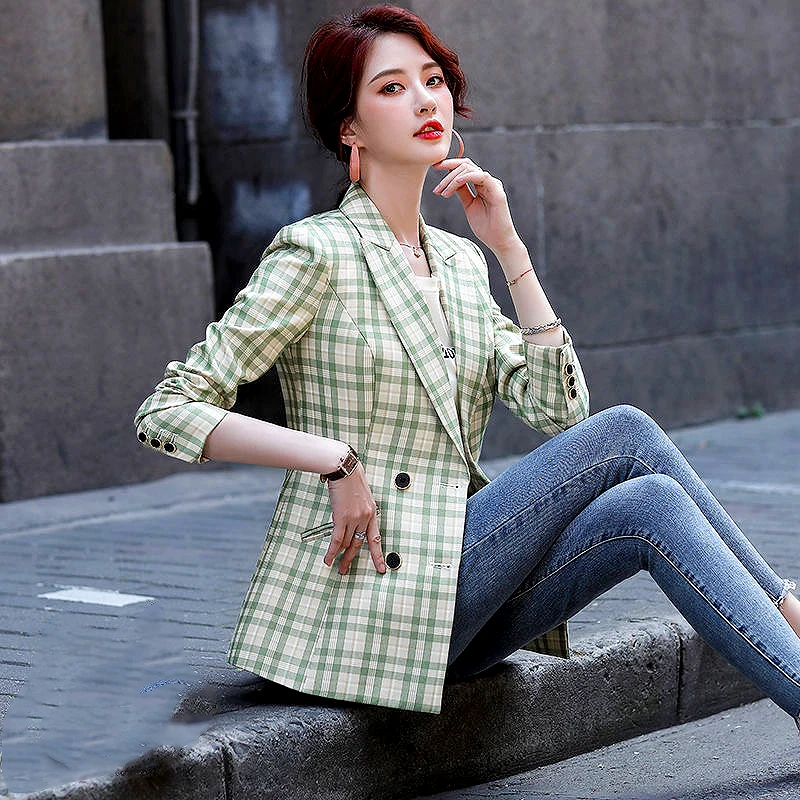 

Autumn Plus Size Women's Temperament Small Suit Fashion Casual Long-Sleeved Double-Breasted Plaid Suit Jacket Female M-4XL LS095