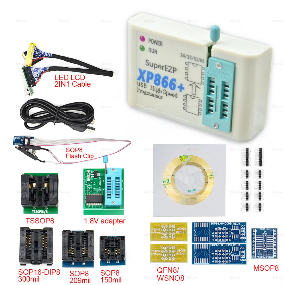 USB-программатор Sinstar XP866 + 12 адаптеров Поддержка 24 25 93 95 EEPROM Flash Bios Minipro быстрая