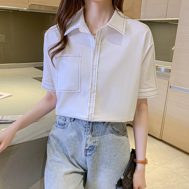 

2021 Summer Short Sleeve White Blouses Female Loose Casual Office Lady Shirts Women Bright Line Decoration Tops Ladies
