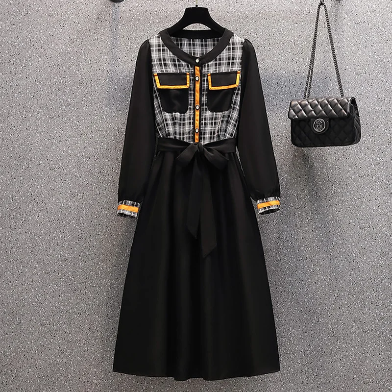 

Женское винтажное черное платье в клетку, с длинным рукавом