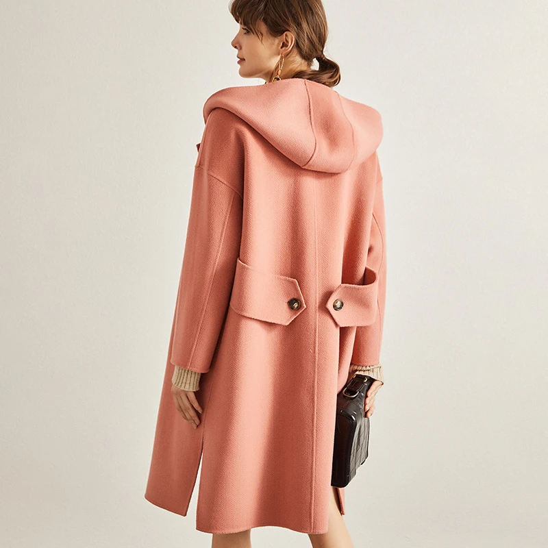 

Winter coats 2020 cow horn button cashmere overcoat double faced woolen coat with hooded plus size spring women's long wool coat
