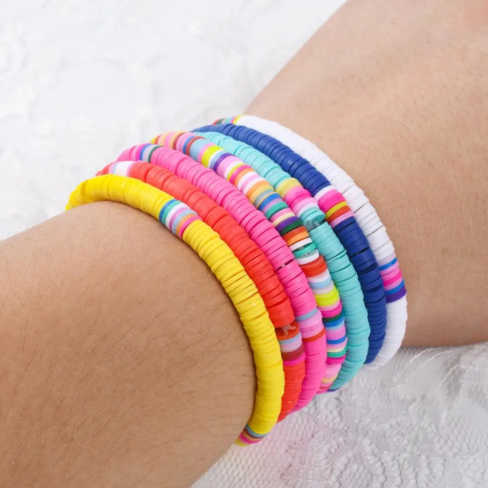 

6MM Recyclable Polymer Fimo Clay Mixed Color Disc Beads Stretch Bracelets Gift Women Men Boho Surfer Friend Couple Wrist Jewelry