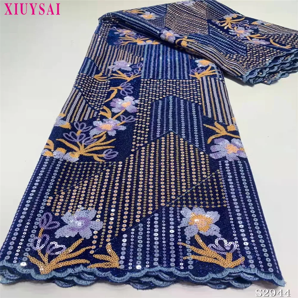 

2021 Velvet Sequin Net Lace High Quality Emerald Blue Sequin Latest Embroidery Fabric Party Asoebi Nigeria African 5 yards