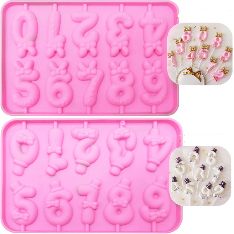 

0-9 Number Lollipop Silicone Candle Mold Bow Hat Chocolate Candy Mold DIY Birthday Candle Molds Fondant Cake Decorating Tools