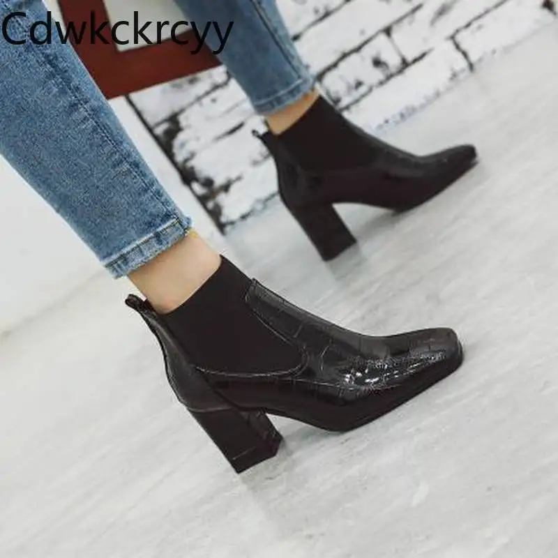 winter The New fashion Square head Thick heel British style boots Plus cashmere Keep warm High heel Women boots 34-18