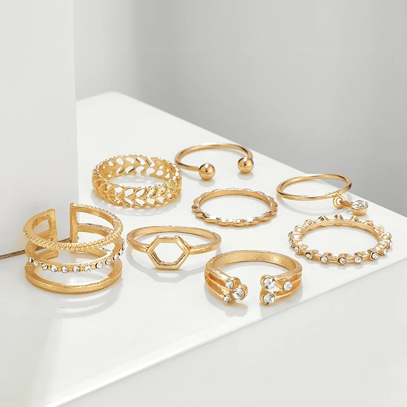 

Open Ring 8 Stks Sets Boheemse Geometrische Ring Set Transparante Kristallen Steen Gouden Ketting Dames Sieraden Accessoires