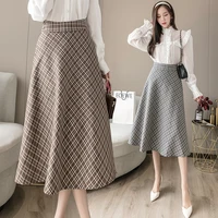 vintage women plaid skirt midi high waist a line office lady business work outfits dress jk497