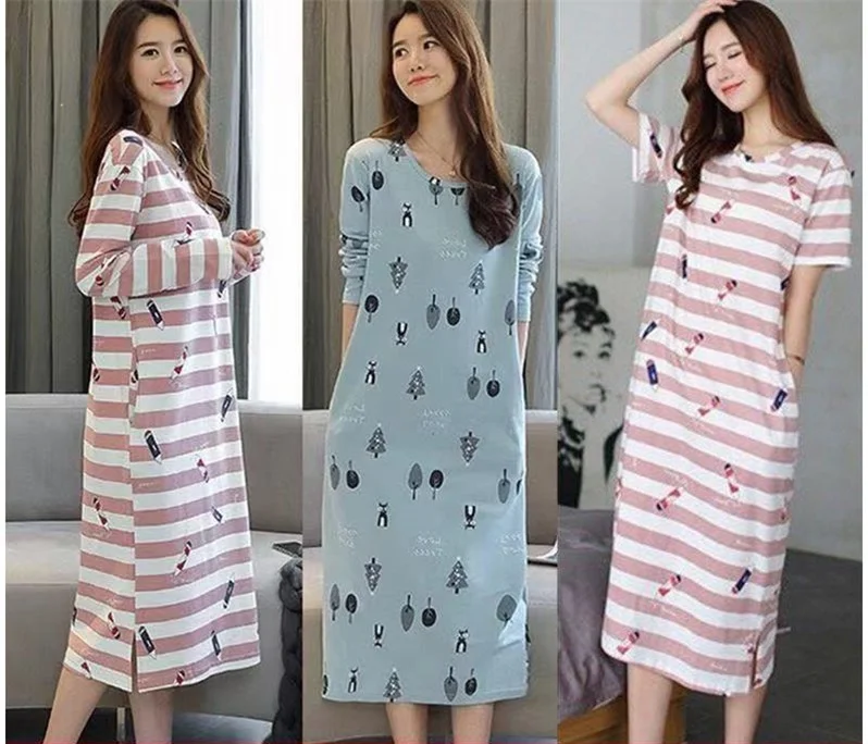 2019 Плюс Размер Хлопковая ночная рубашка женская с принтом весна осень ночные