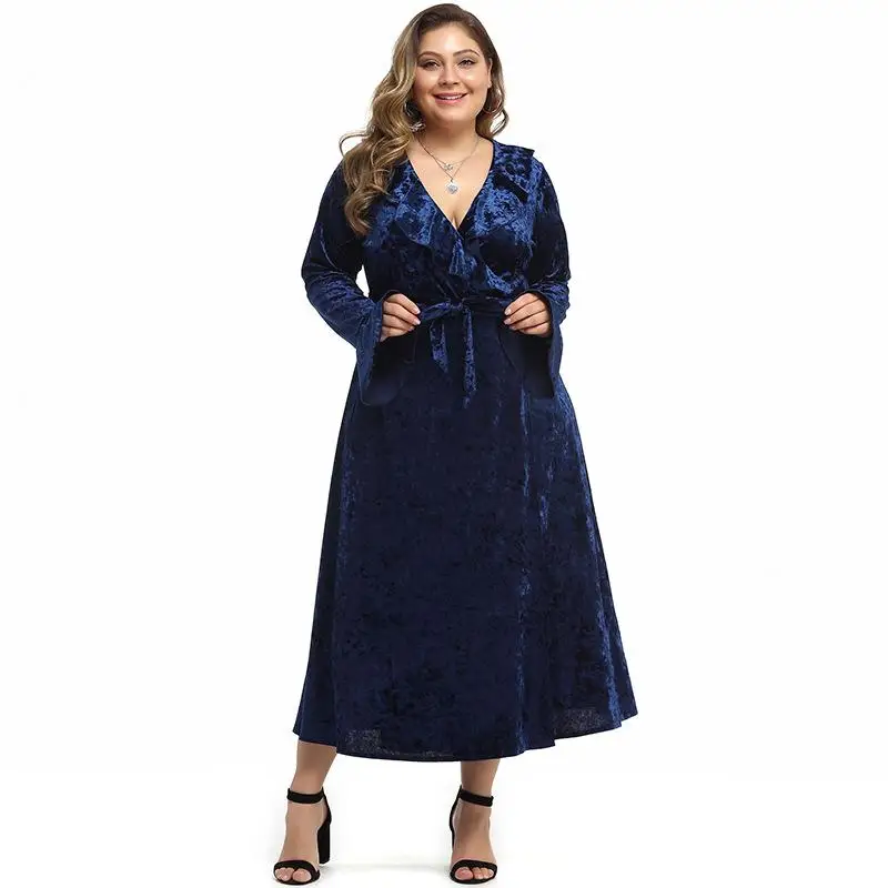 

Autumn Long Vestidos Large size women's waist with trumpet sleeves long sleeve V Neck Sexy Party Dresses Plus size Maxi dress