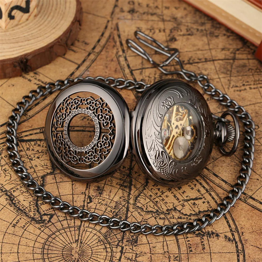 Silver/Black Elegant Hollow Pattern Mechanical Hand Winding Pocket Watch Arabic Numerals Display Skeleton Manual Mechanism Clock