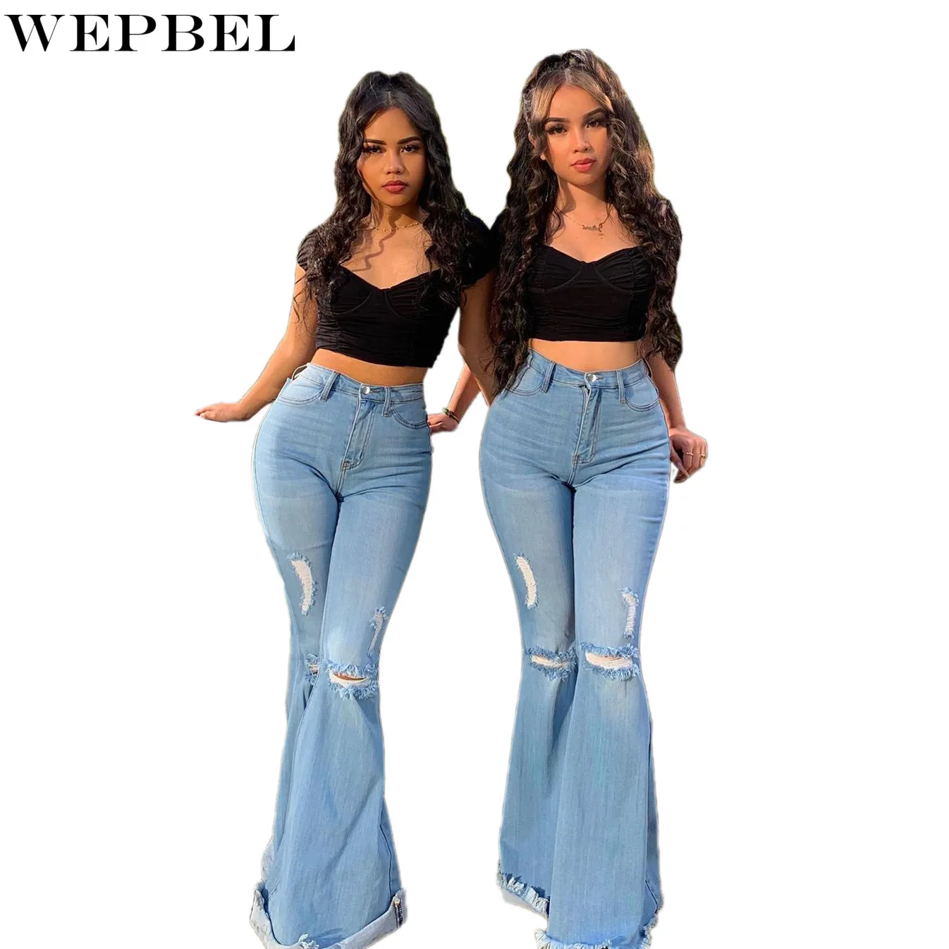 

Модные женские джинсы WEPBEL на пуговицах, повседневные рваные однотонные облегающие джинсы, осенние джинсовые расклешенные брюки с высокой т...