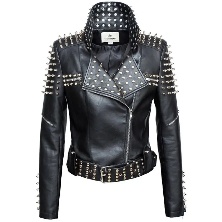 

Женская куртка из искусственной овечьей кожи, с заклепками, бисером, элегантная верхняя одежда с ремнем wq1132