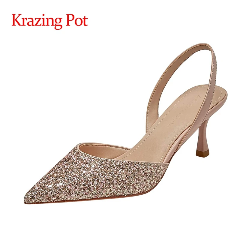 

Krazing pot new pointed toe shallow high heels shiny young lady beauty lady energy maiden slip on summer mules sandals women L77