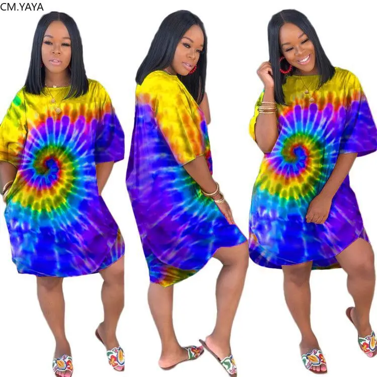 2019 summer women o-neck half sleeve black hole tie dye print knee length loose dress fashion classic streetwear dresses vestido | Женская