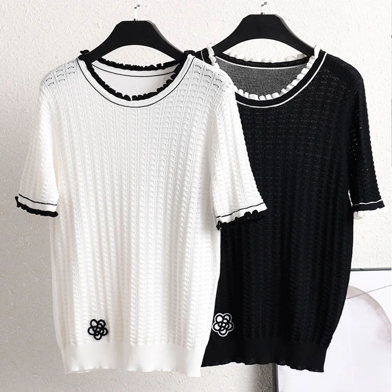 

Женский трикотажный пуловер, однотонный, с рюшами и коротким рукавом