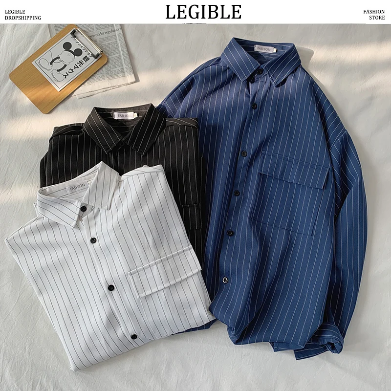 Рубашка LEGIBLE Мужская в черно белую полоску повседневная с длинным рукавом Топ