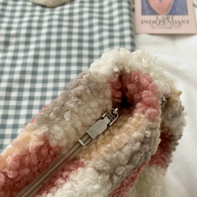 

Faux Fur Bags Women Plaid Vintage Harajuku Girls Winter Plush Tote Zipper Large Capacity Casual Fashion Chic Single-shoulder New