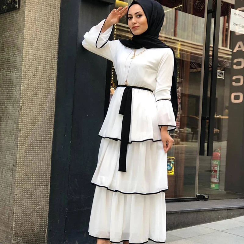 Женское мусульманское платье Siskakia белое многослойное макси с круглым вырезом и