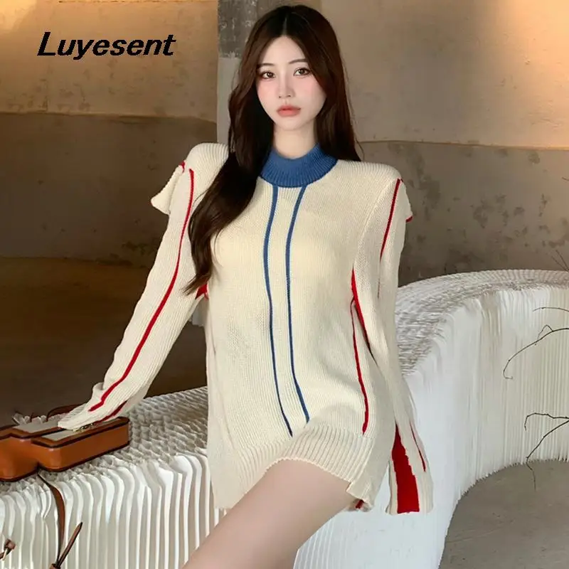 

Elegant Sweet Lady Pullover Street Long Sweater Autumne Winter Women Striped Casual Outdoor Knit Sweaters Korean Fashion Clothes