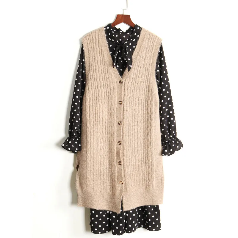 Women Autumn Suit Fashion Sunny Knit Vest and Dress Set Sleeveless Sweater Polka Two Piece Sets Fall Vintage 2 |