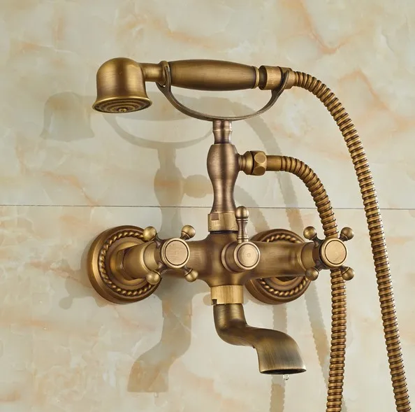 

Vintage Retro Antique Brass Double Cross Handles Wall Mounted Claw Foot Bathroom Tub Faucet Mixer Tap With Handshower mtf024