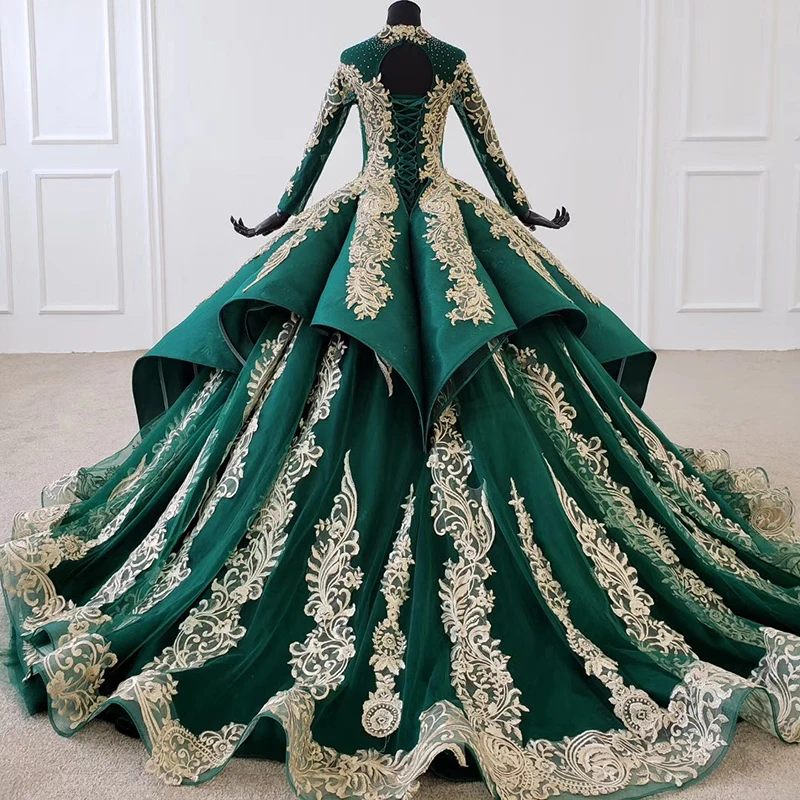 HTL1099 Luxury Green Crystal Evening Dress 2020 Long Sleeve Appliques Beading Ball Gown Lace Up Back Plus Size