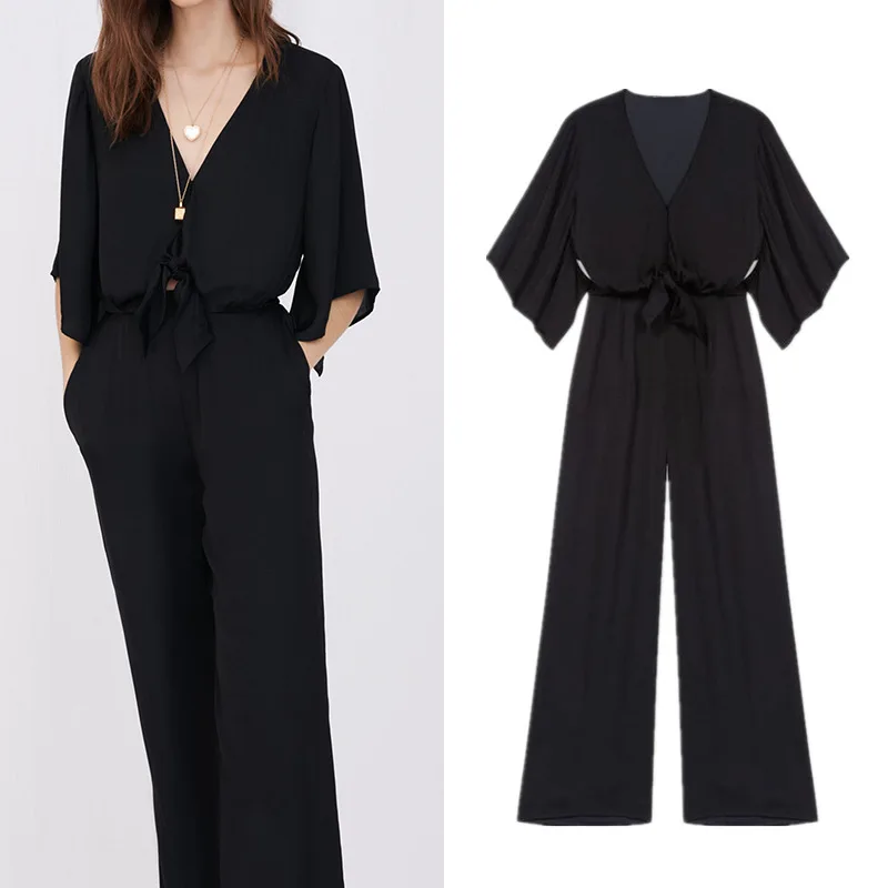 French single 2021 summer new sexy V-neck sleeves with simple temperament long wide-leg jumpsuit