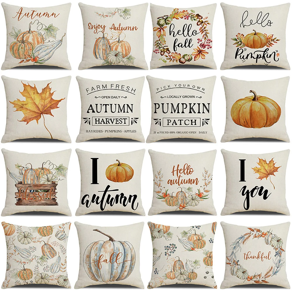 

Thanksgiving Decorative Cushion Cover Fall Decor Pillow Case Letter Pumpkin Maple Leaves Art Pillowcase 45x45cm Funda Cojín