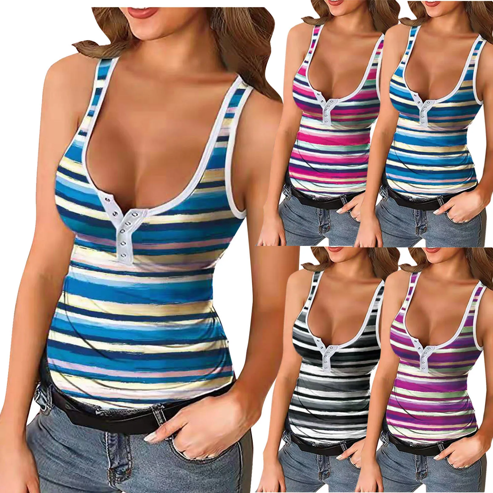 

57# Womens Striped Tank Top Summer Slim Fit Blouse Button Down Sleeveless Shirts Basic Cami Top Shirt Racerback 2021 Blusas