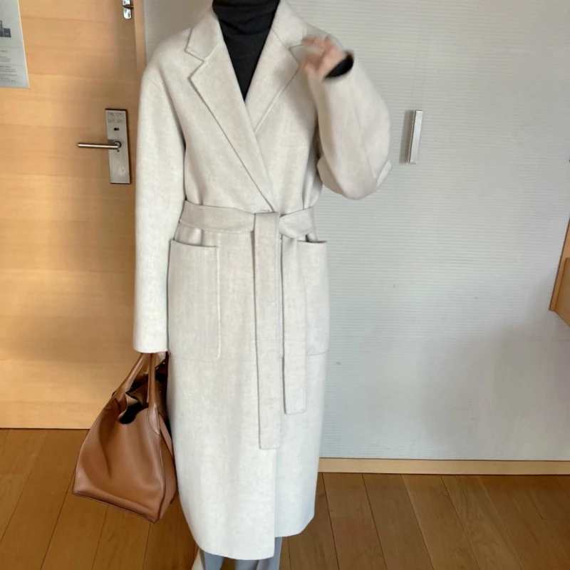 

Women Winter Vintage Loose Long Wool Coat Jacket Woolen Overcoat Waistbelt Cardigan Outerwear Single Breasted
