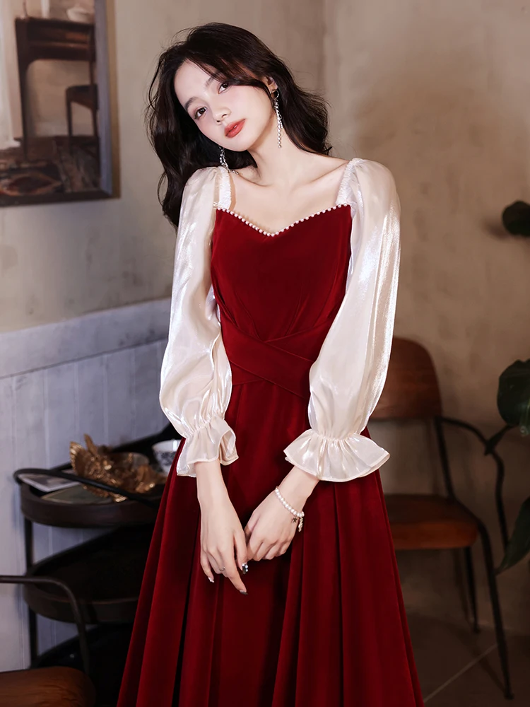 

Женское бархатное платье с длинным рукавом, винтажное винно-красное коктейльное платье-трапеция с бусинами и жемчугом, длинные платья