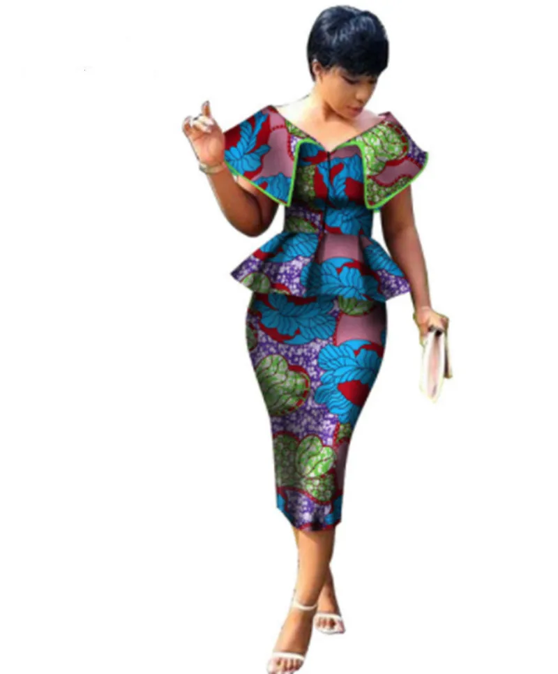 

Stock Size Low Price Top&Straight Skirt Sets African Wax Print 2 Pieces Skirt Set for Women Bazin Riche African Style 5XL WY3200