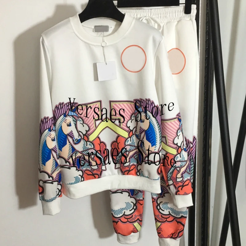 

luxury brand Shenma printing fashion women's multi-functional round neck long sleeve T-shirt + elastic casual pants 2-piece set