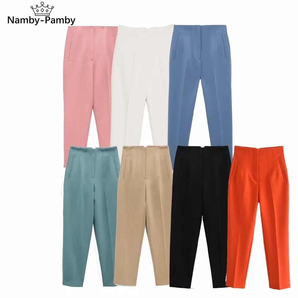 

Za 2021 women Pantalon candy colors Ankle-Length Slim OL Office high waist Pencil pants Female pocket fashion Suits Trousers